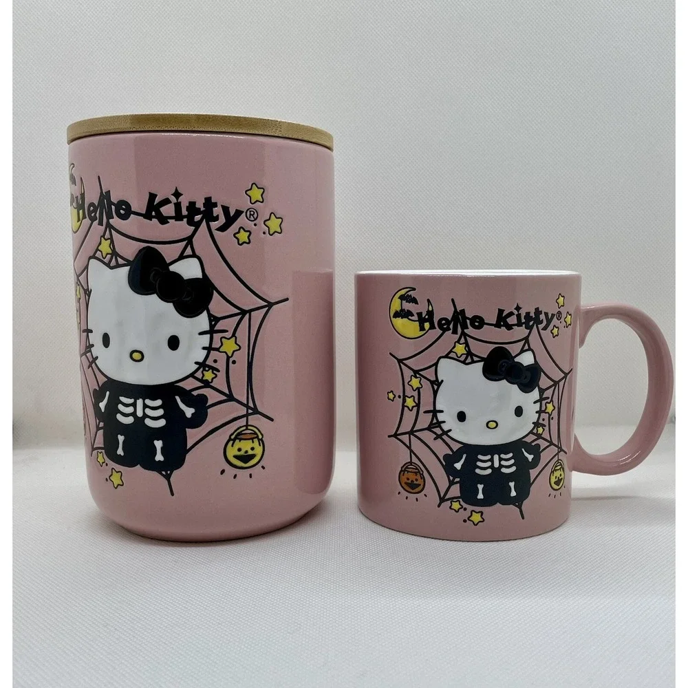New Sanrio Hello Kitty Skeleton Pink Spiderweb 2023 Halloween Mug & Cookie Jar - Picture 1 of 8